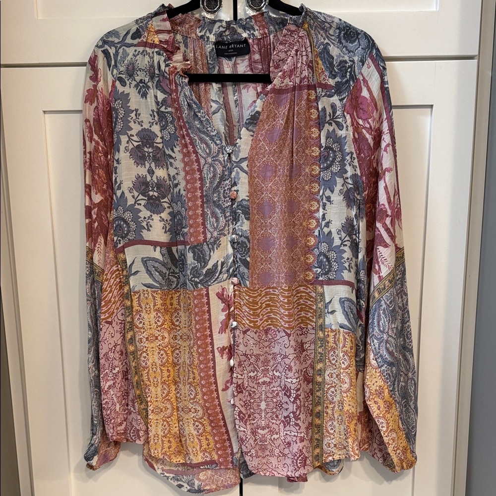 Lane Bryant - Multicolor Patchwork Long-Sleeve Blouse - Pink/Blue/Gold